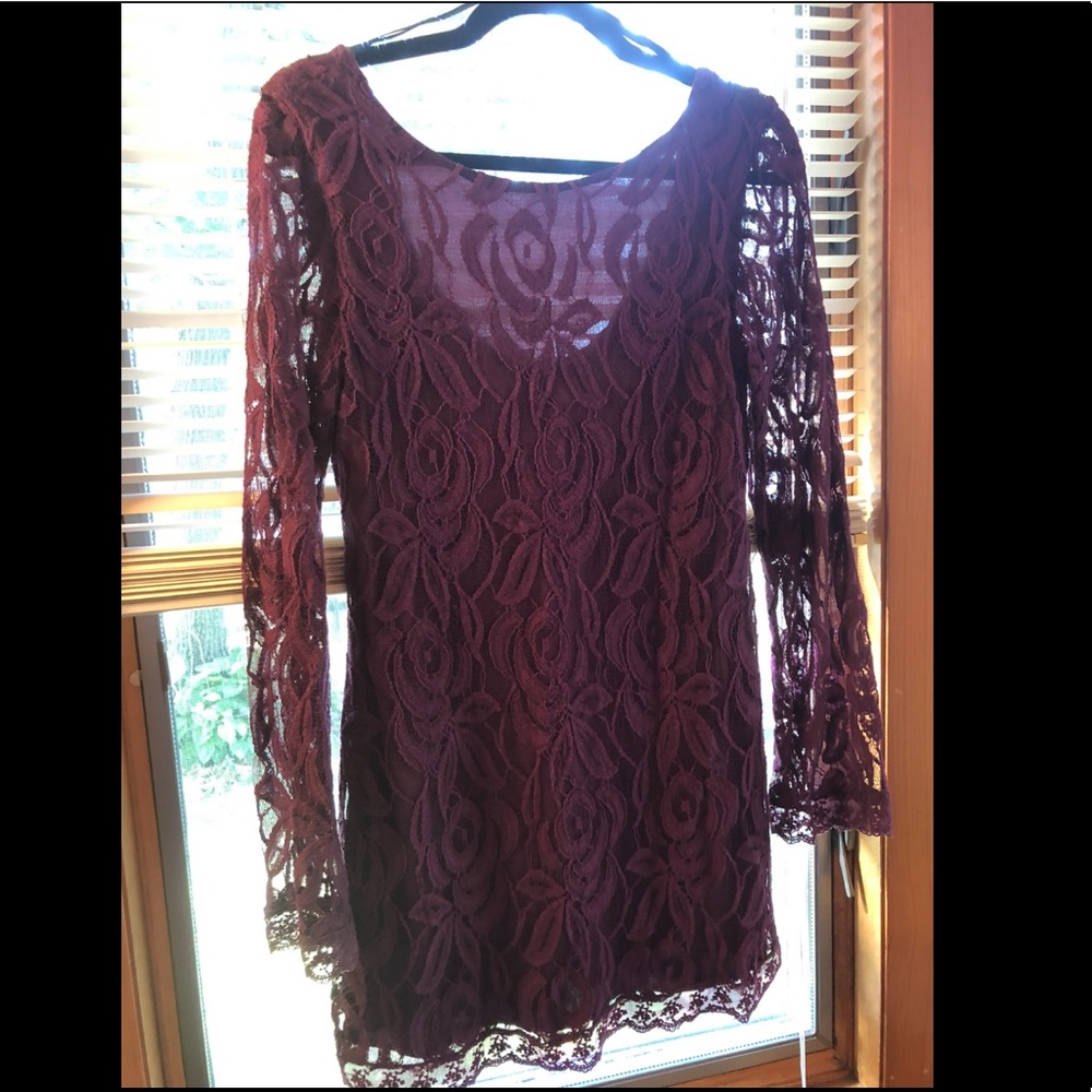 Plum lace bodycon dress by Fire Los Angeles